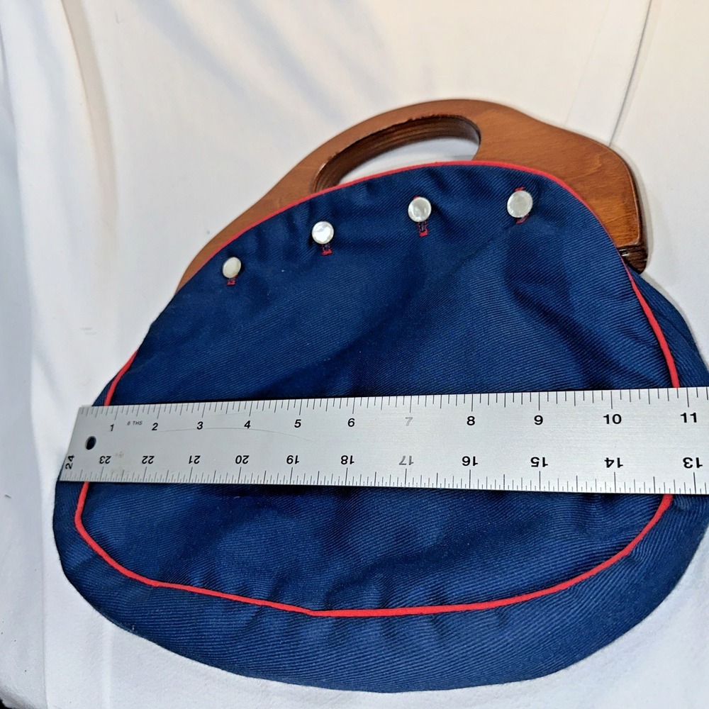 Vintage Bermuda Bag Purse Wooden Handles Buttons Reversible Cotton Cover Mint - Picture 4 of 9